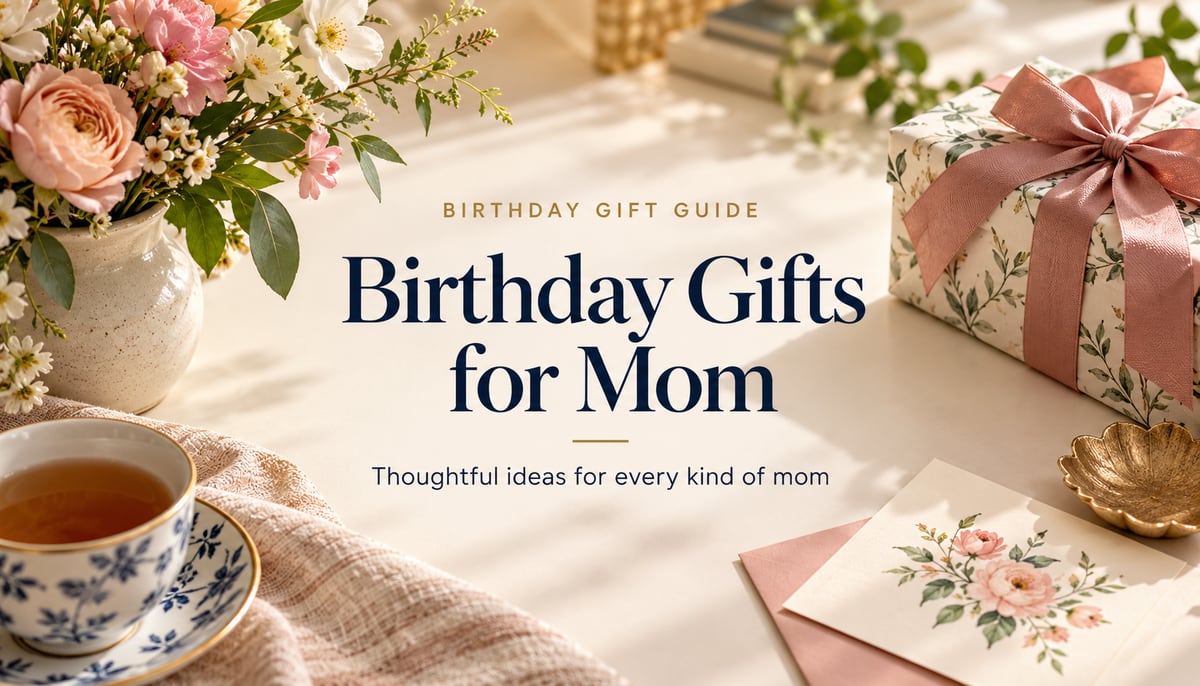 Editorial gift guide cover for Birthday Gift Ideas for Mom She'll Actually Love