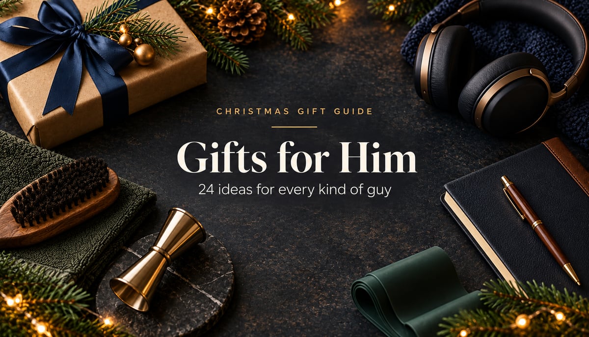 Editorial gift guide cover for Christmas Gifts for Him: 24 Ideas for Every Guy