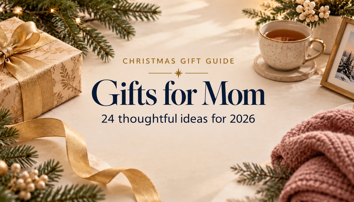 A wrapped Christmas gift, tea and a cozy knit arranged around the words Christmas Gifts for Mom