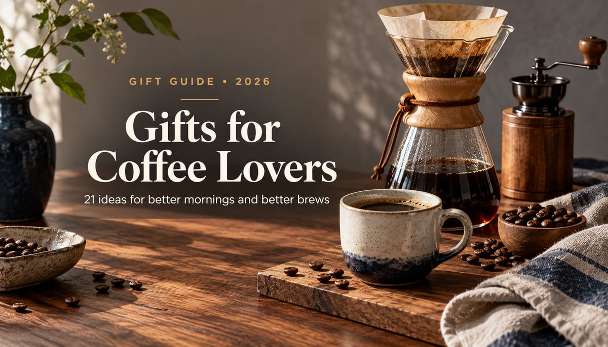 Editorial gift guide cover for 21 Best Gifts for Coffee Lovers in 2026