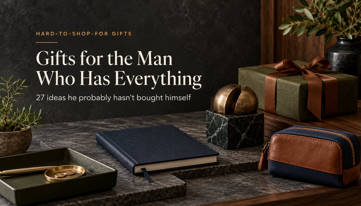 Editorial gift guide cover for 27 Gifts for the Man Who Has Everything