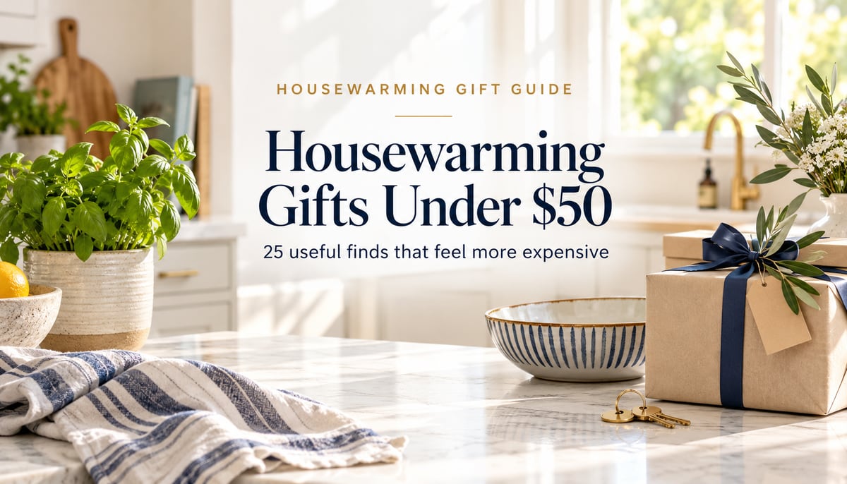 Editorial gift guide cover for 25 Unique Housewarming Gifts Under $50