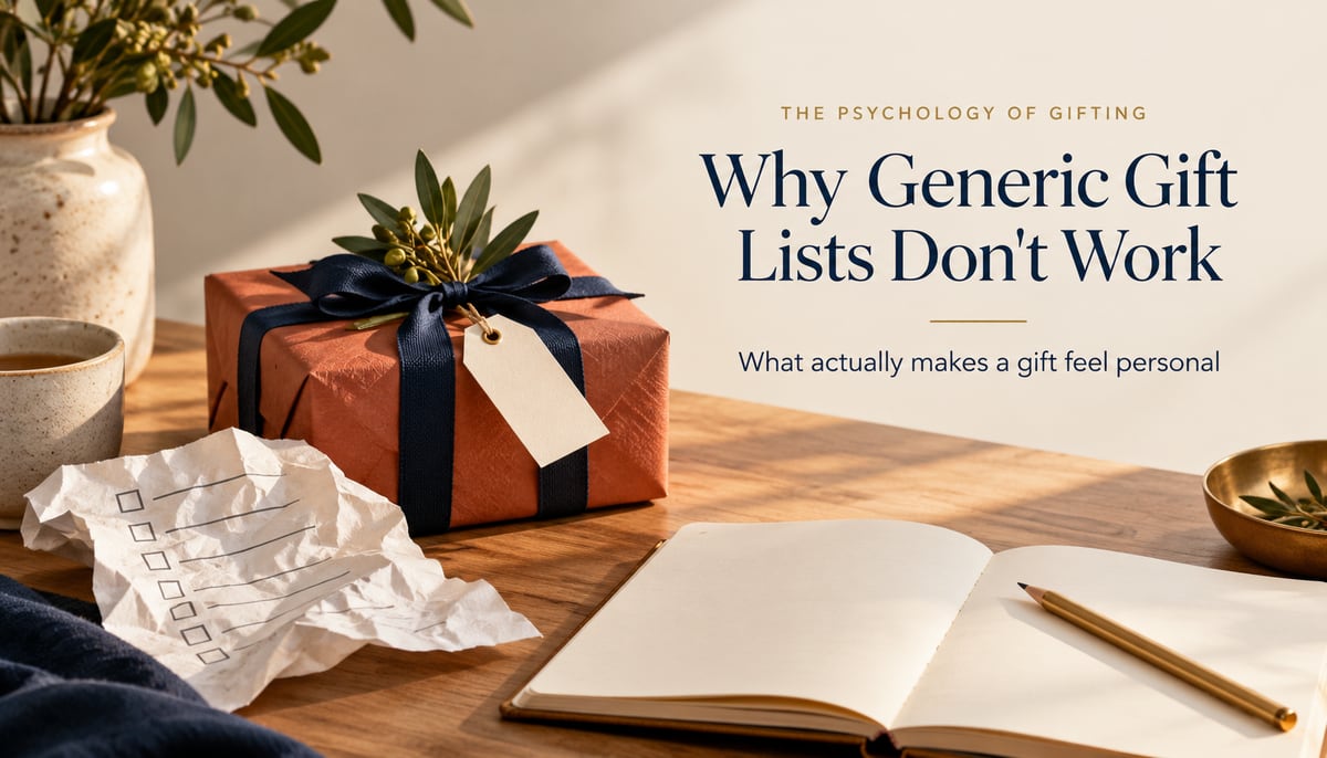 Editorial gift guide cover for Why Generic Gift Lists Don't Work (And What Actually Does)